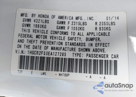 2014 Honda Accord Sport z USA, uszkodzony, nr VIN 1HGCR2F50EA127285